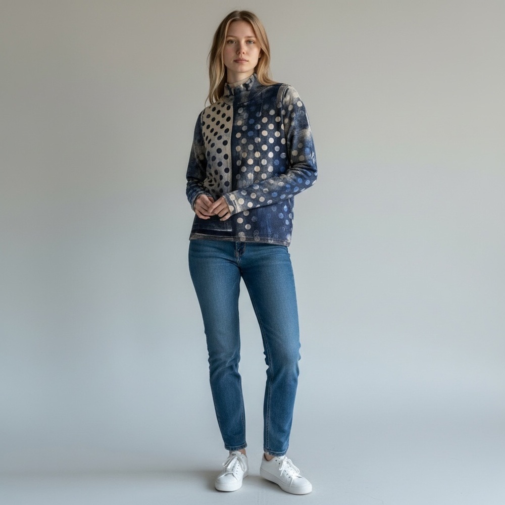 Cividini – Wool Polka Dot Mock Neck Sweater – Blue/Beige Artisanal Print